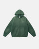 Green unisex zip-up hoodie with hood, long sleeves and front pouch pockets