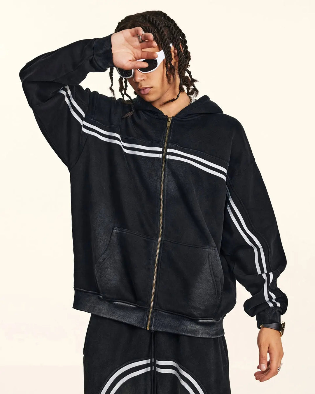 Black acid wash zip-up hoodie with white chest and sleeve stripes