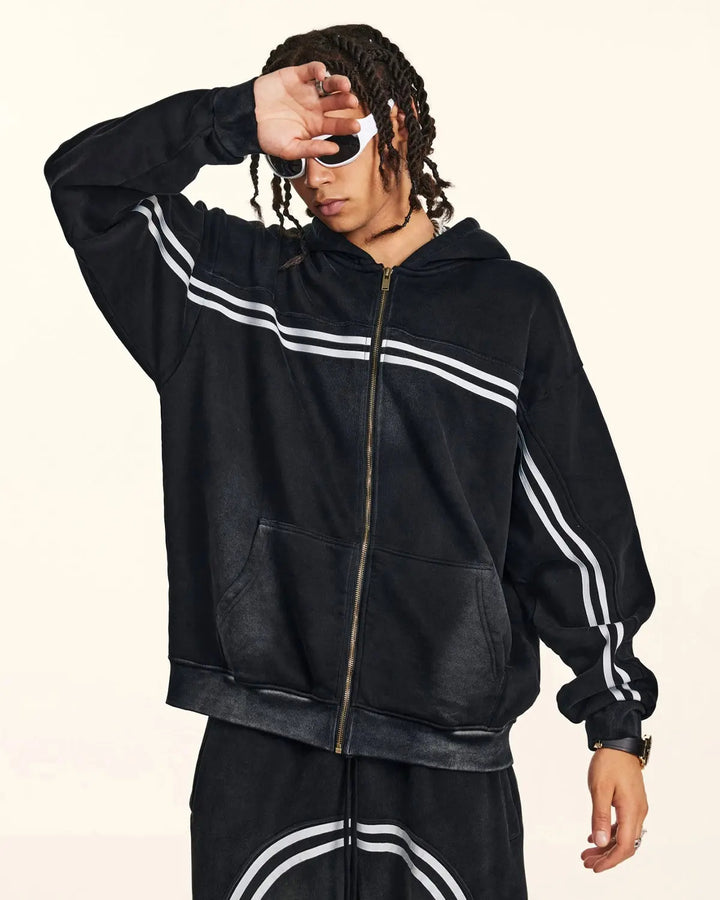 Black acid wash zip-up hoodie with white chest and sleeve stripes