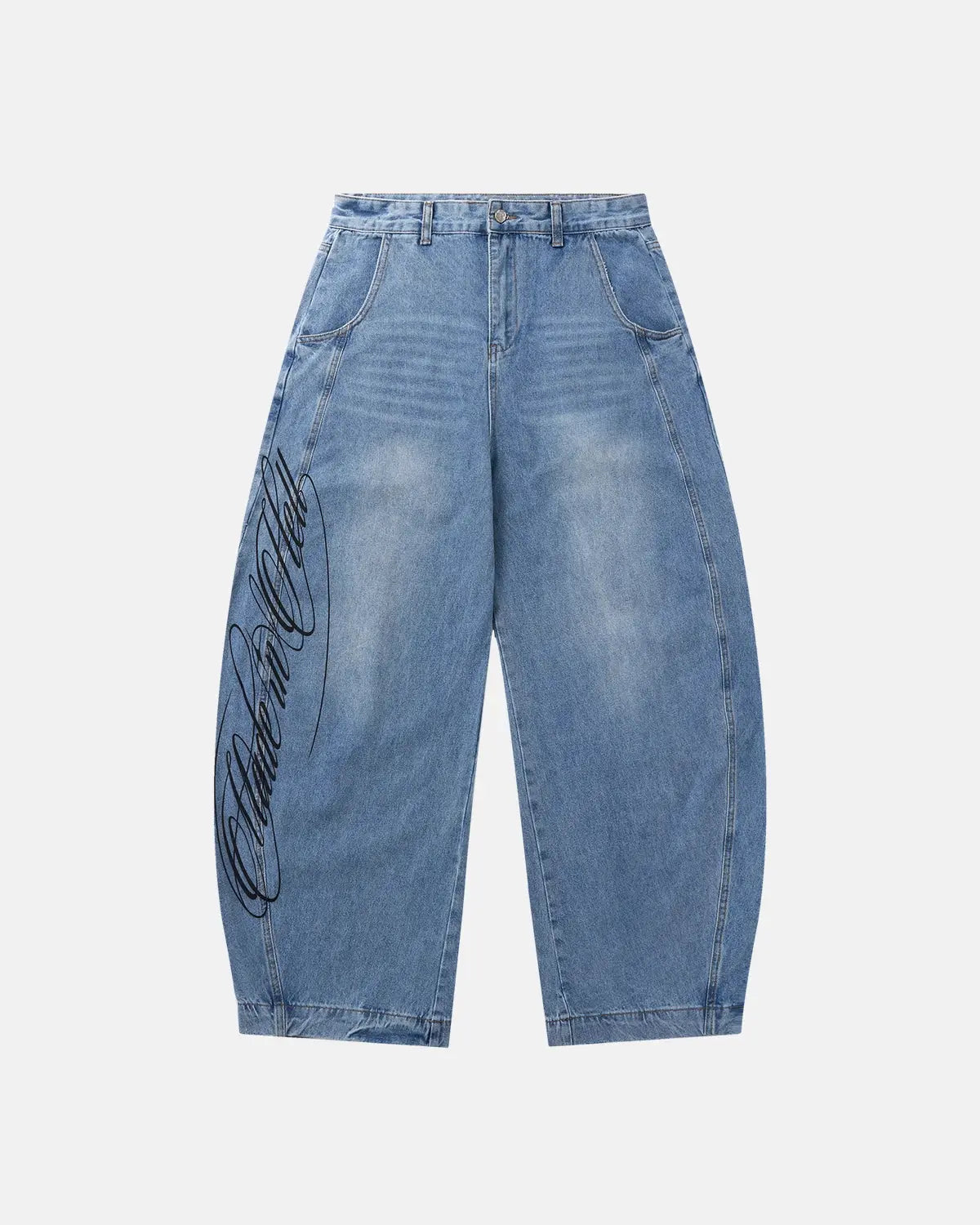 Light blue barrel-leg jeans with black script graphic and five-pocket design