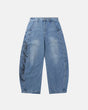 Light blue barrel-leg jeans with black script graphic and five-pocket design