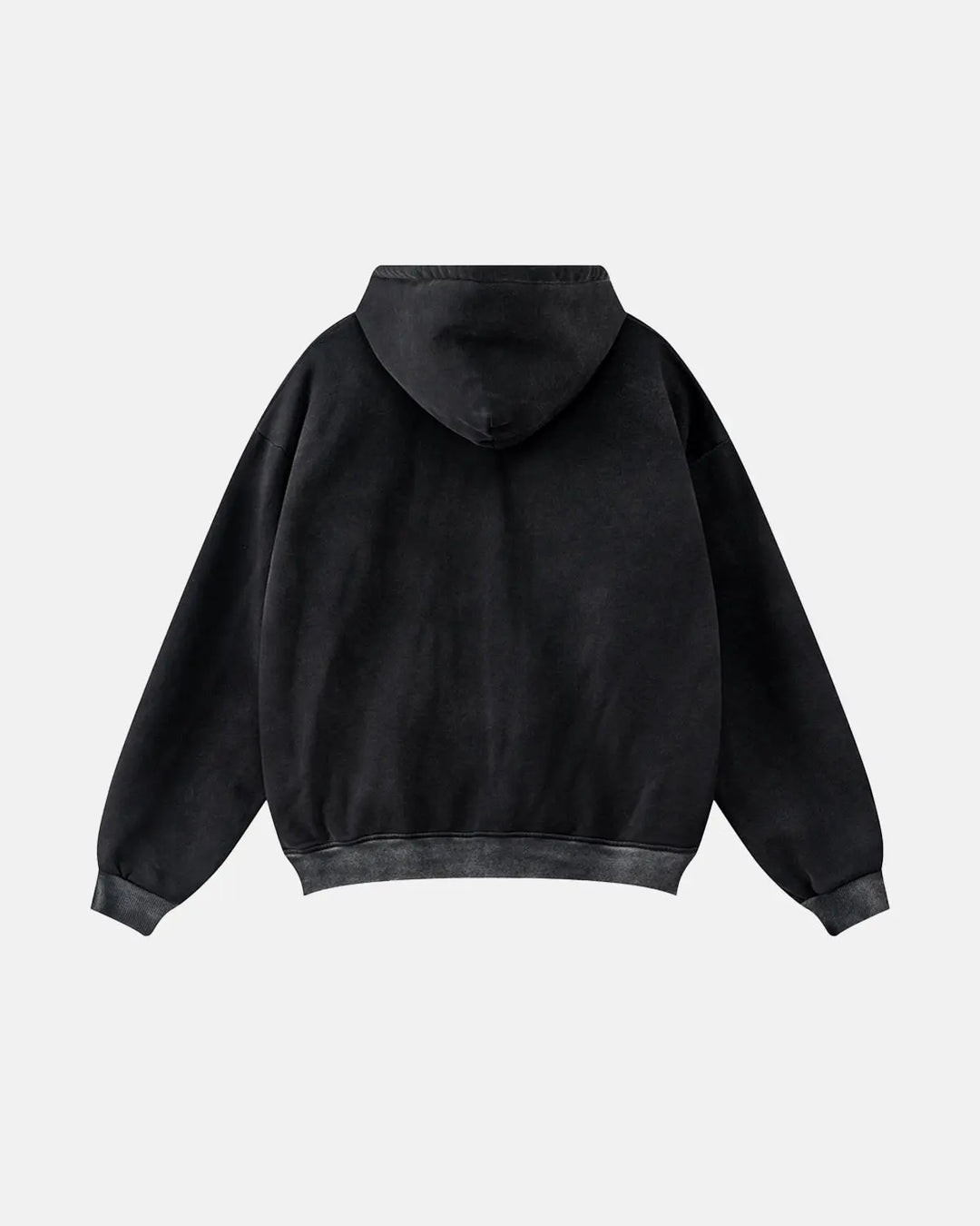 Black acid wash zip-up hoodie with white chest and sleeve stripes