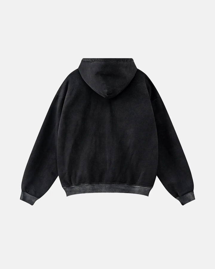 Black acid wash zip-up hoodie with white chest and sleeve stripes