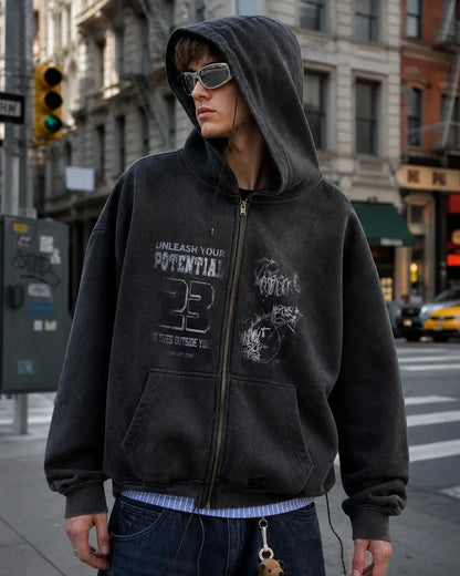 Graphic zip-up hoodie with hood, long sleeves and front pouch pockets