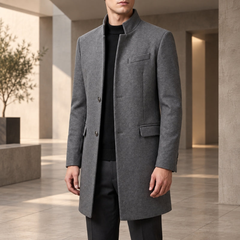 Men's long stand collar overcoat with button front and flap pockets
