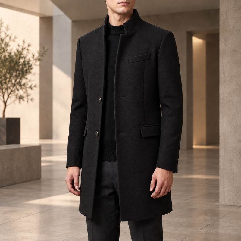 Men's long stand collar overcoat with button front and flap pockets
