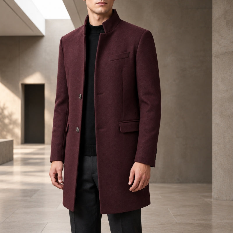 Men's long stand collar overcoat with button front and flap pockets