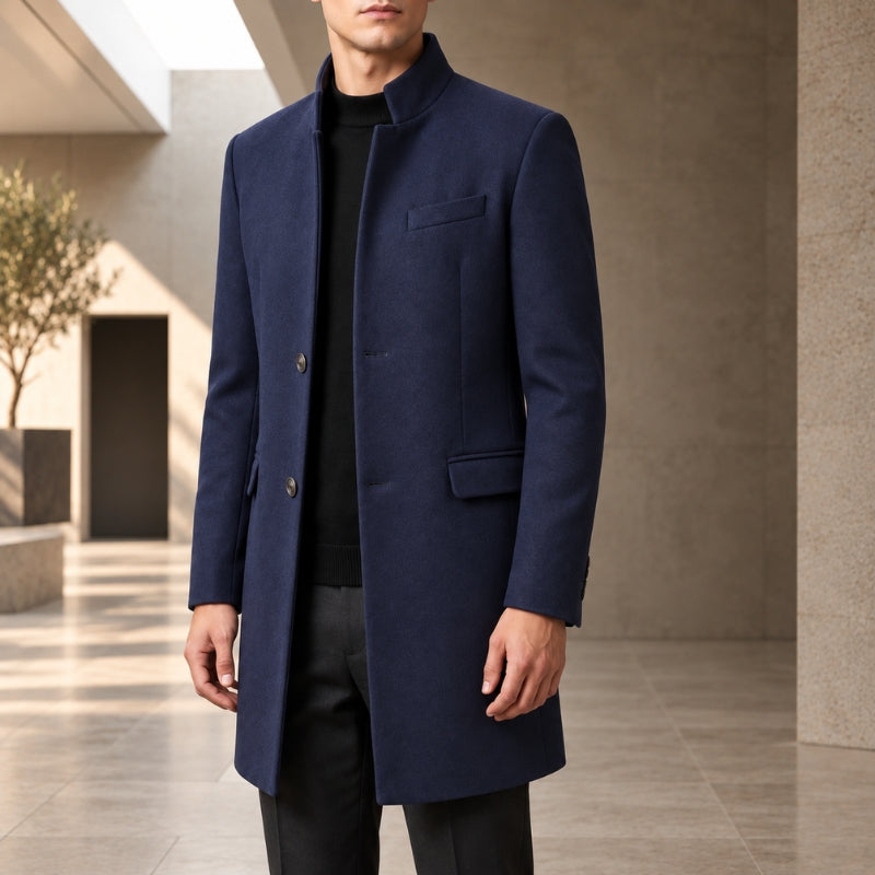 Men's long stand collar overcoat with button front and flap pockets