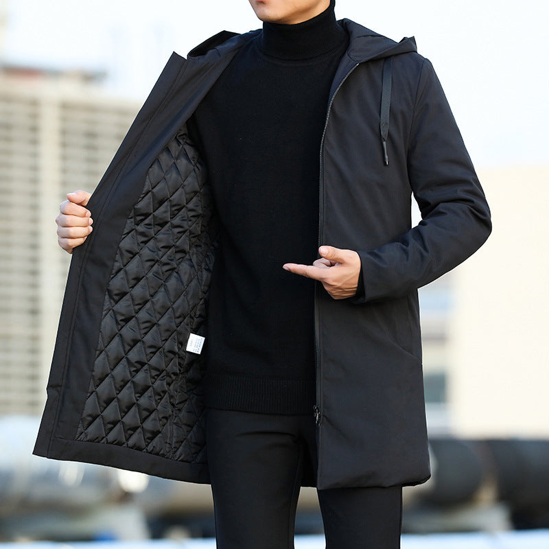 Men's hooded longline coat with zip front, drawcords and side pockets
