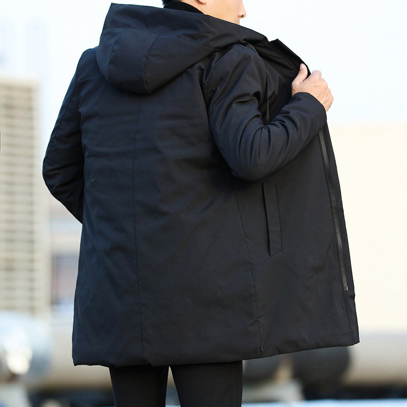 Men's hooded longline coat with zip front, drawcords and side pockets