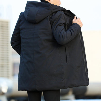 Men's hooded longline coat with zip front, drawcords and side pockets