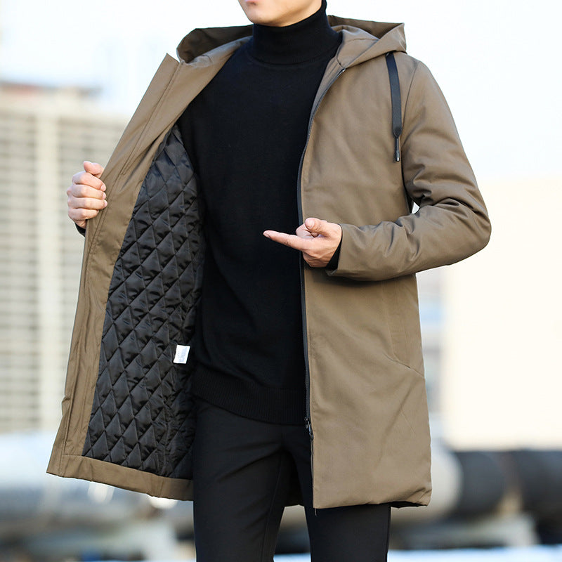 Men's hooded longline coat with zip front, drawcords and side pockets