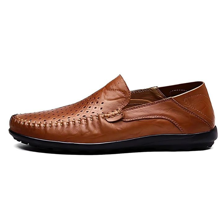 Perforated slip-on loafers with moc toe and flat treaded sole