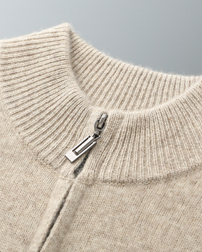 Men's beige knitted zip jacket and matching drawstring jogger set