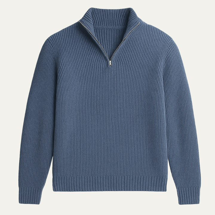Men's ribbed knit half-zip sweater with mock neck and long sleeves