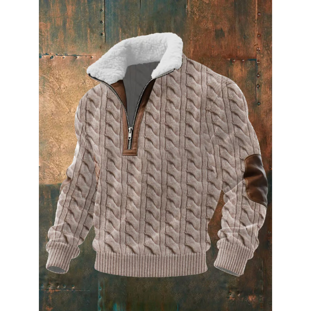 Men's textured half-zip sweater with mock neck, long sleeves and ribbed trims