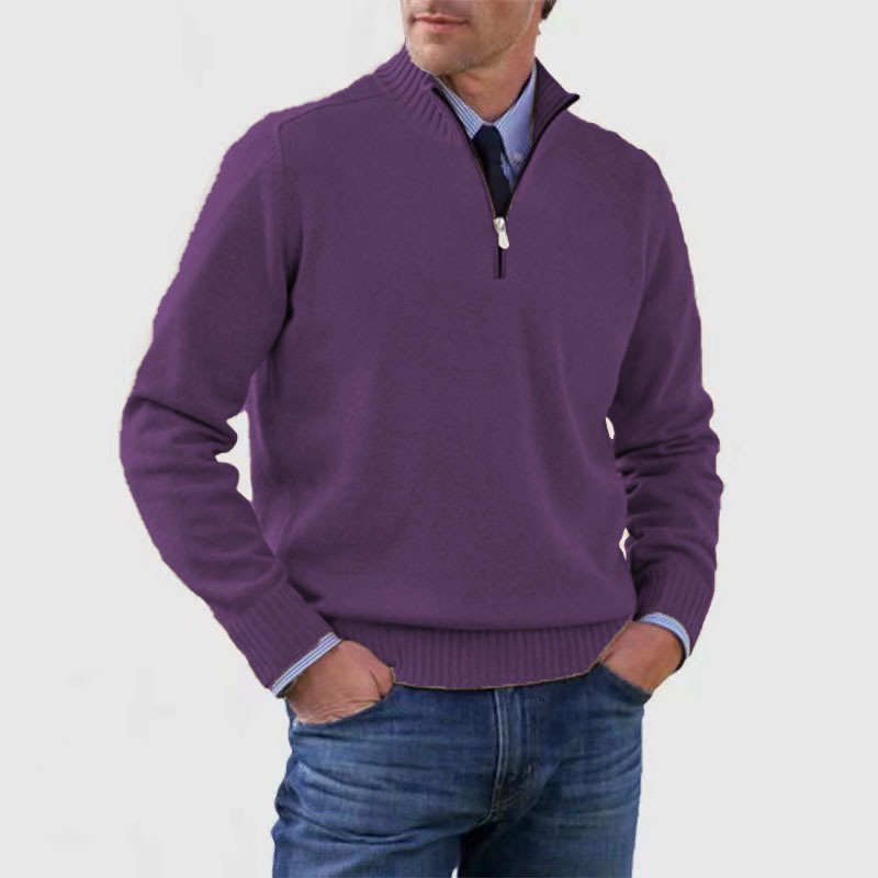 Men's plain half-zip sweater with ribbed mock neck