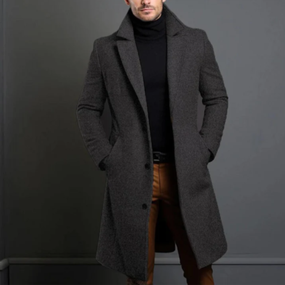 Men's longline overcoat with notched lapels, button front and side pockets