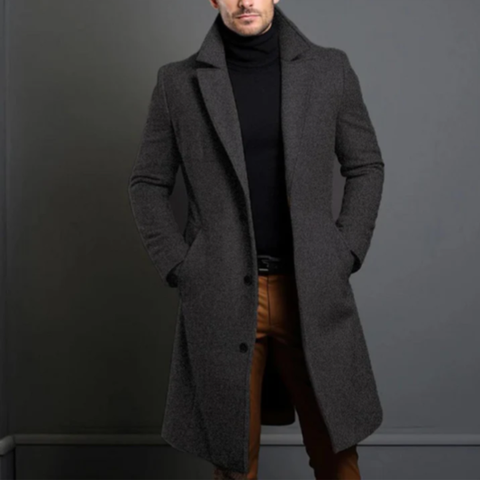 Men's longline overcoat with notched lapels, button front and side pockets