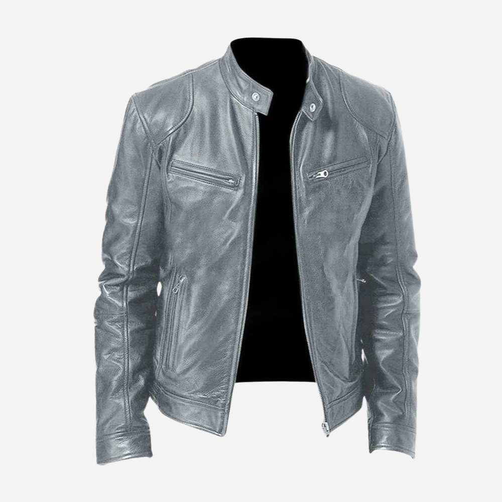 Men's biker jacket with stand collar, long sleeves and multiple zip pockets