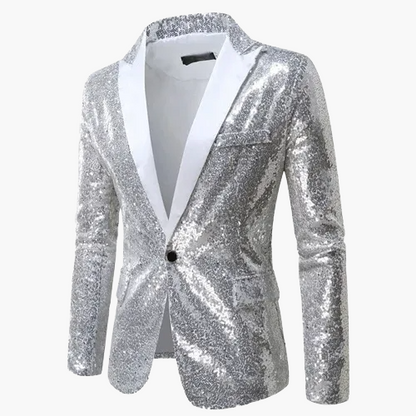 Men's geometric diamond sequin blazer with peaked lapels and long sleeves