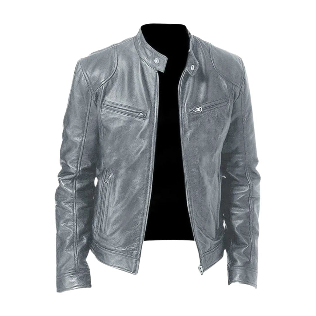 Men's zip front jacket with stand collar and multiple zipped pockets
