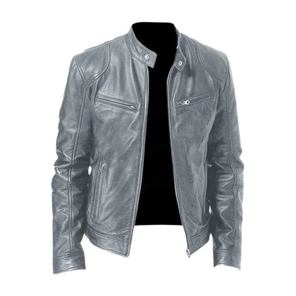 Men's zip front jacket with stand collar and multiple zipped pockets