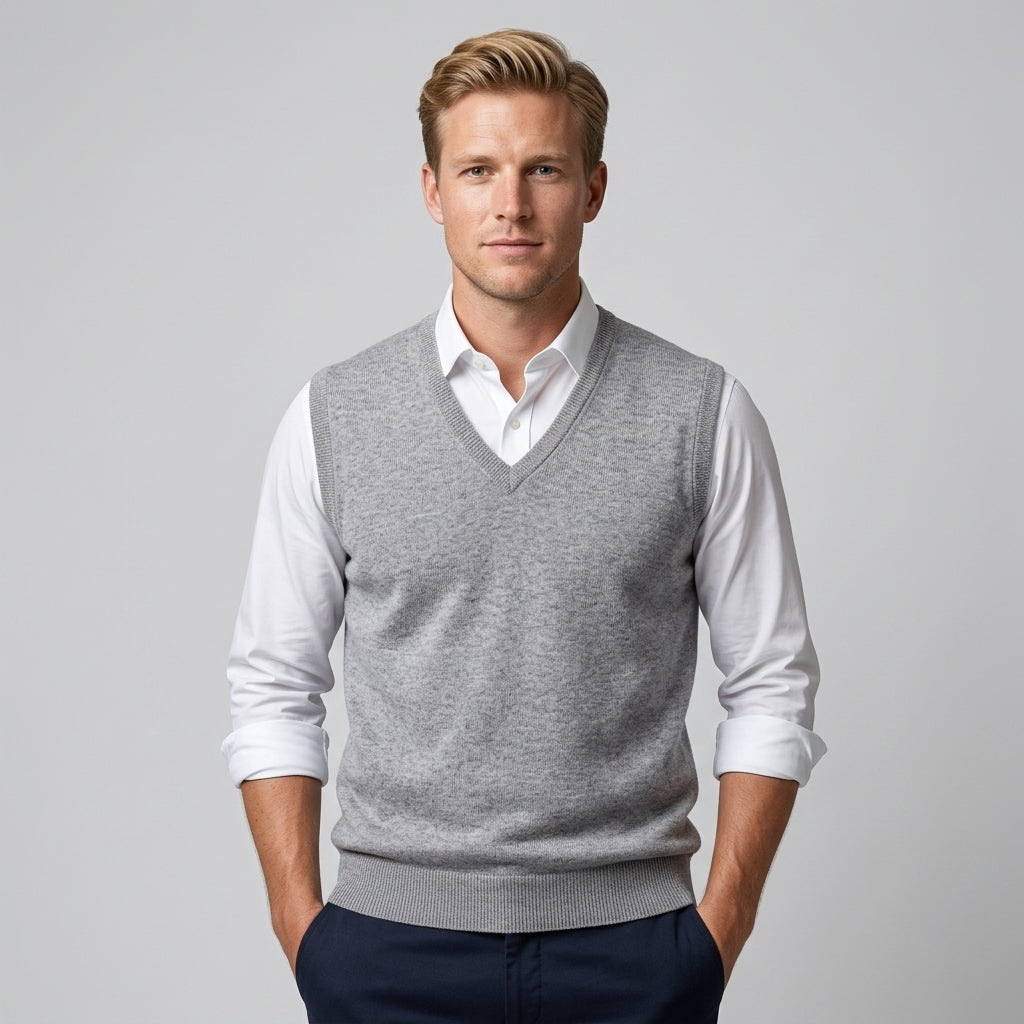 Men's sleeveless V-neck knitted sweater vest layered over a collared shirt