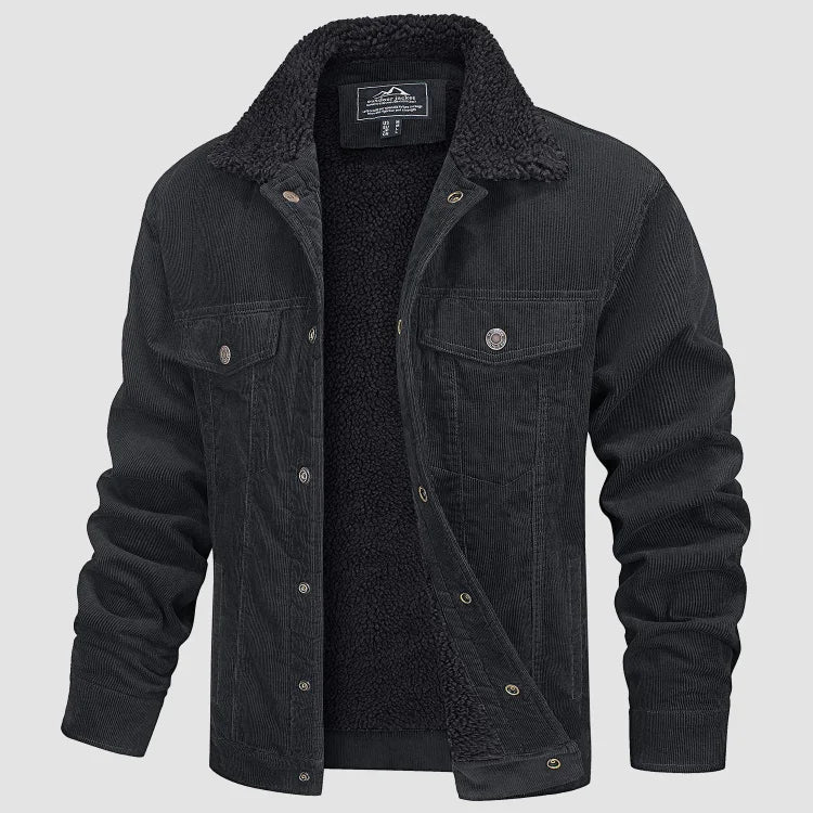 Men's corduroy jacket with textured sherpa collar, button front and flap pockets