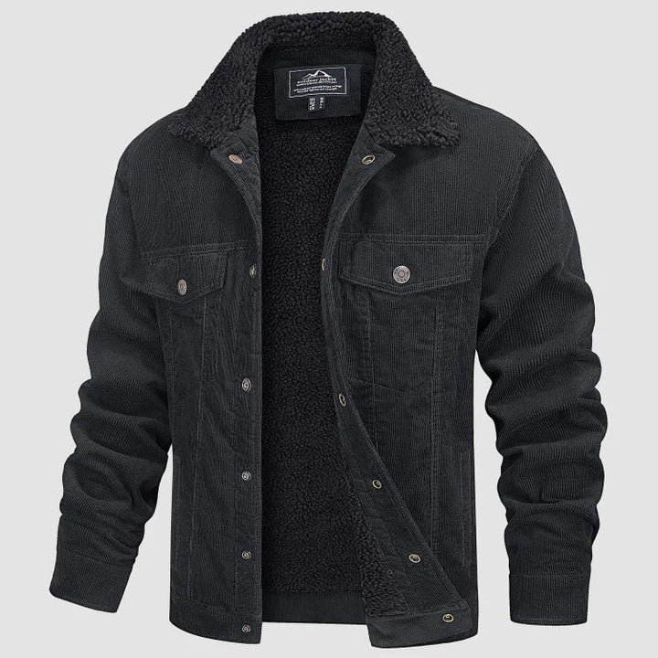 Men's corduroy jacket with textured sherpa collar, button front and flap pockets