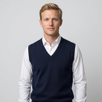 Men's sleeveless V-neck knitted sweater vest layered over a collared shirt