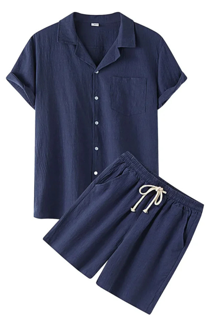 Men's Cotton Linen Co-ord Set, 2 Piece Short Sleeve Shirt & Relaxed Trousers for Summer