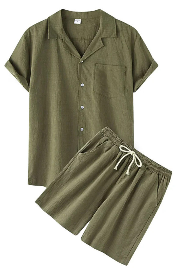 Men's Cotton Linen Co-ord Set, 2 Piece Short Sleeve Shirt & Relaxed Trousers for Summer