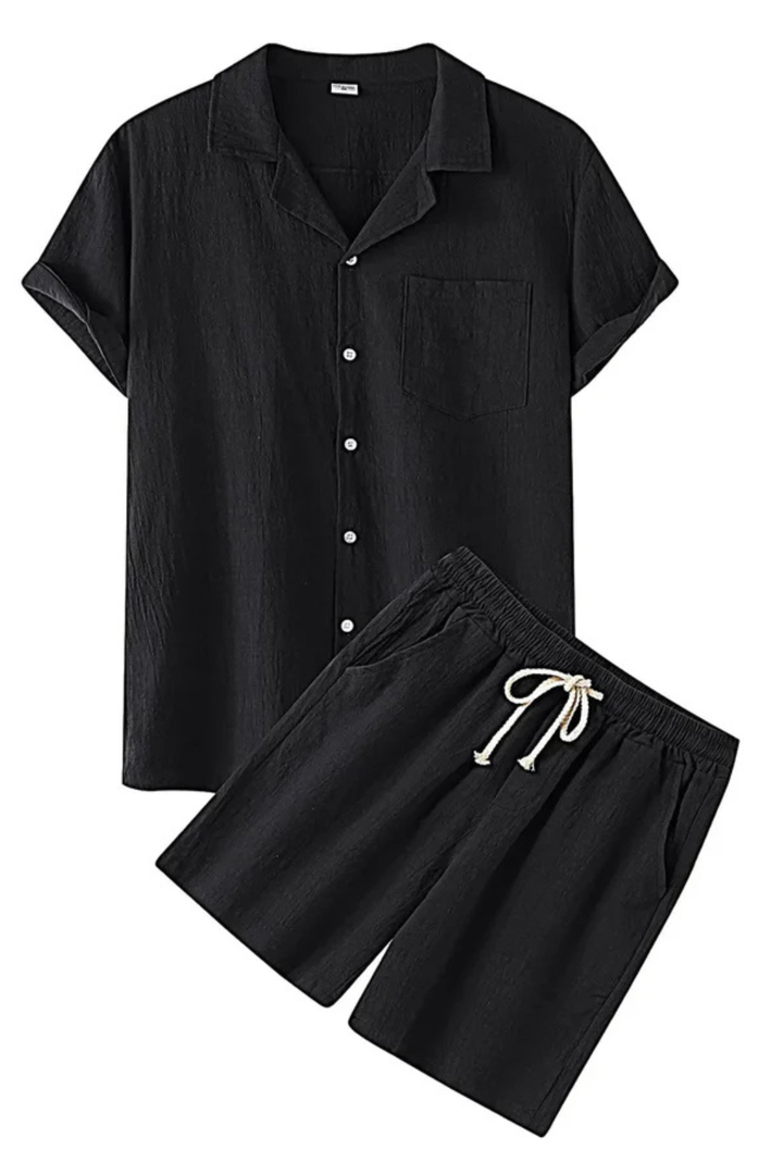 Men's Cotton Linen Co-ord Set, 2 Piece Short Sleeve Shirt & Relaxed Trousers for Summer
