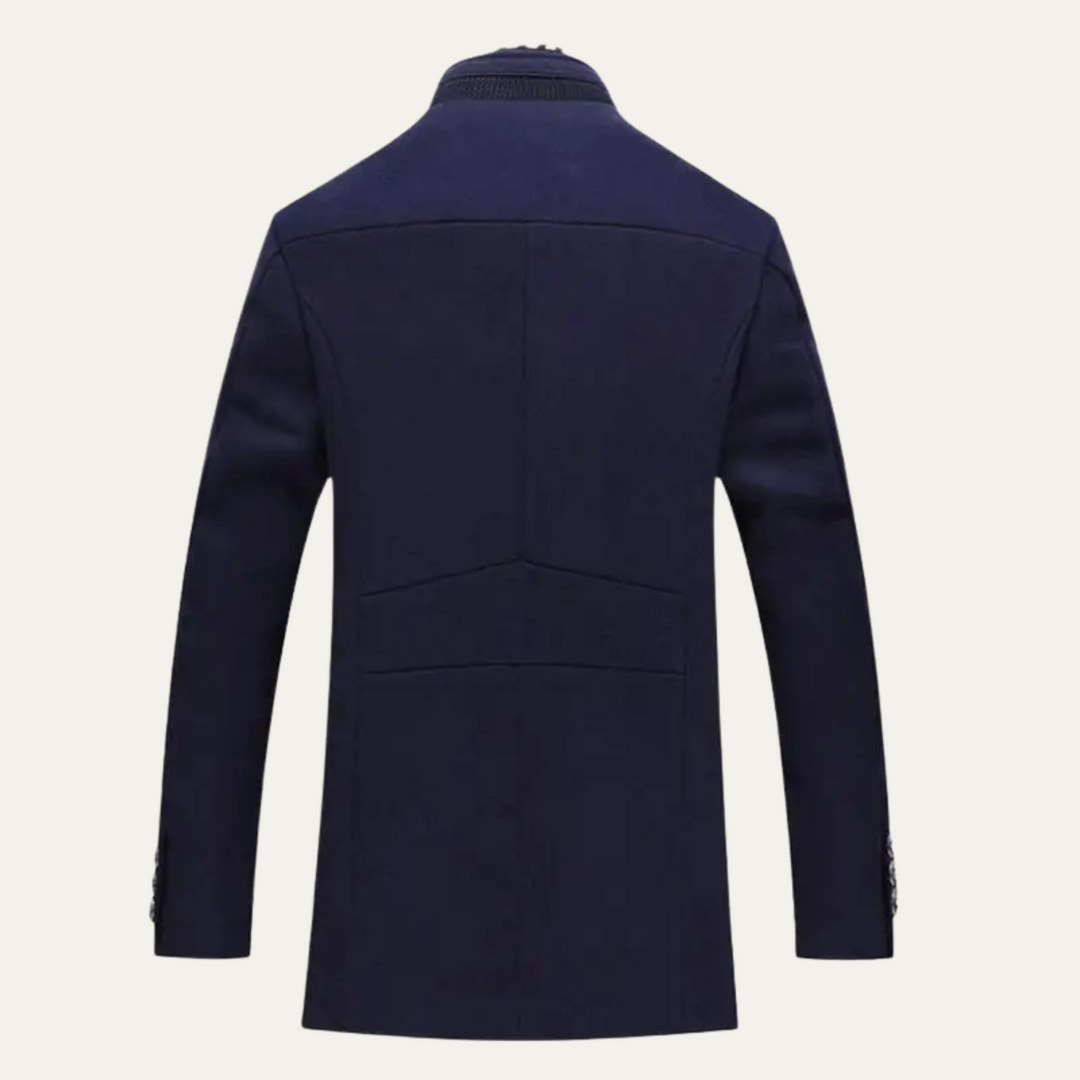 Men's structured trench coat with stand collar, button front and checked trim