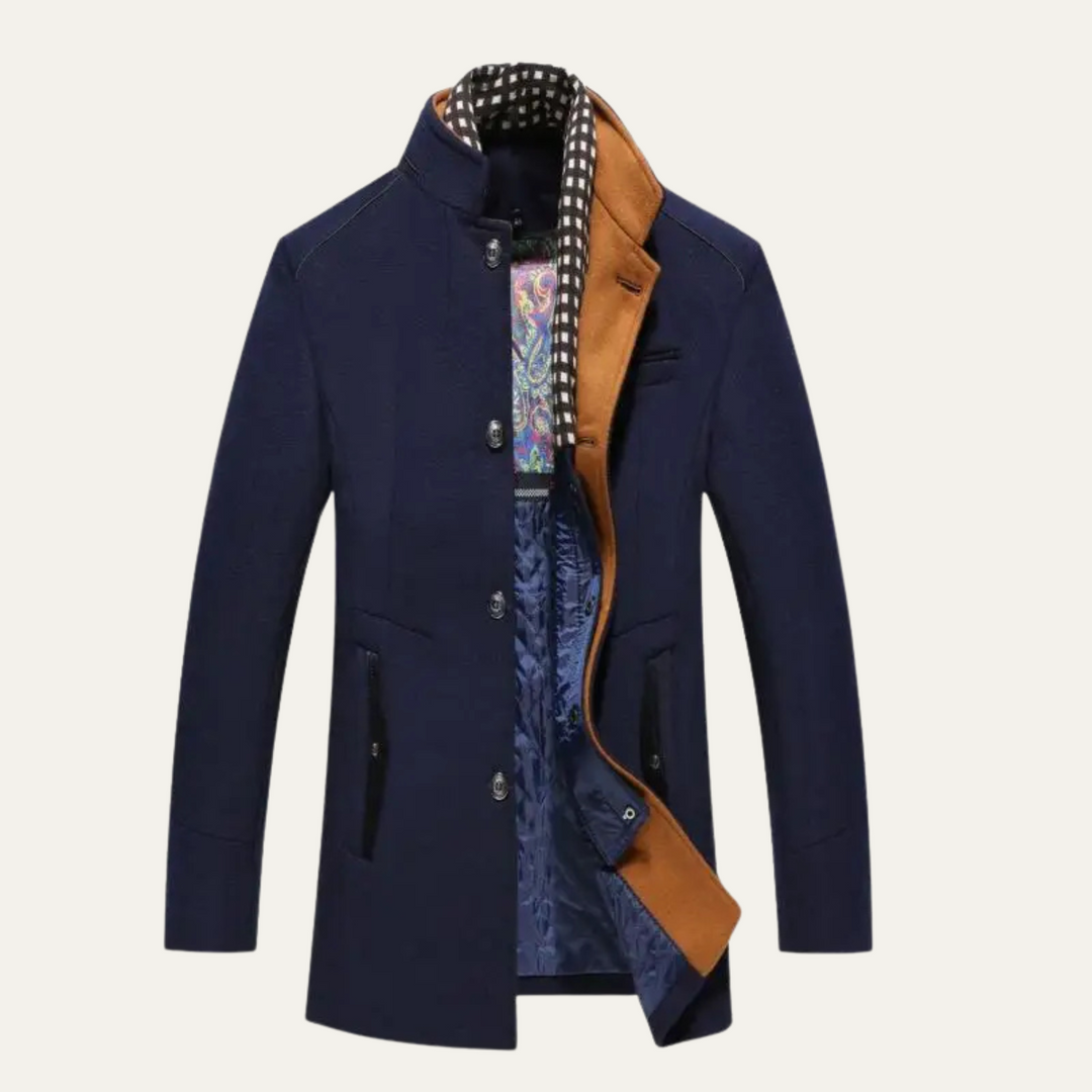 Men's structured trench coat with stand collar, button front and checked trim