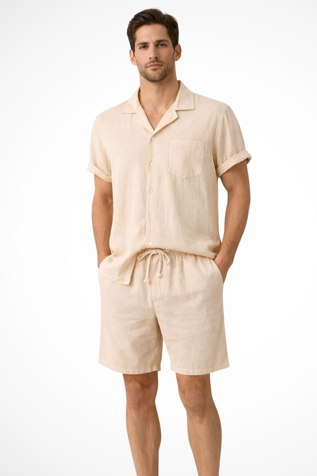 Men's Cotton Linen Co-ord Set, 2 Piece Short Sleeve Shirt & Relaxed Trousers for Summer