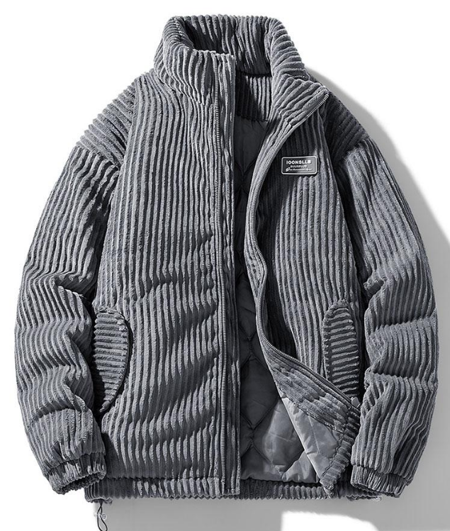 Ribbed padded jacket with high collar, zip front and adjustable hem