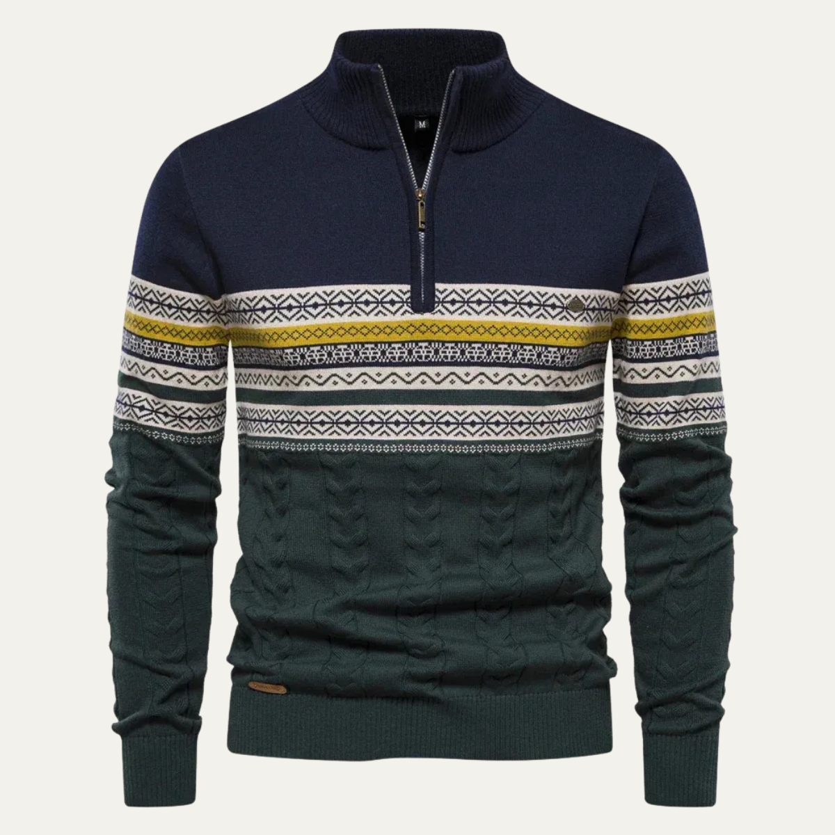 Men's quarter-zip jumper with high mock neck, geometric Fair Isle bands and textured knit detail