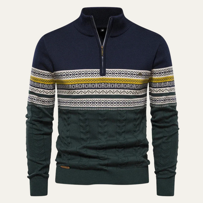 Men's quarter-zip jumper with high mock neck, geometric Fair Isle bands and textured knit detail