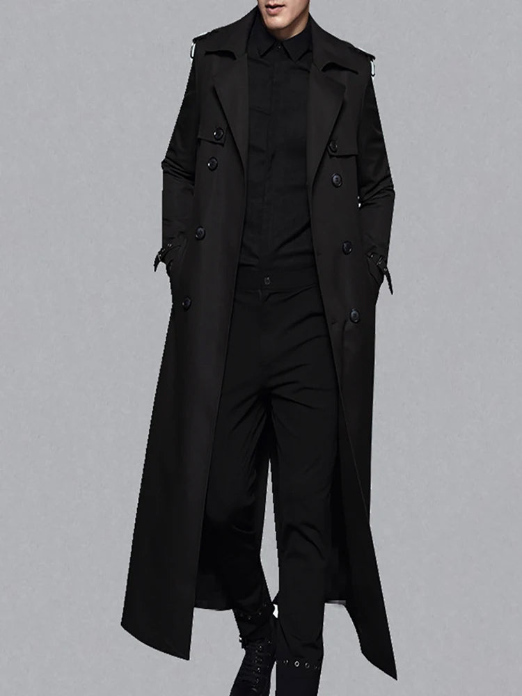 Men's black extra long double-breasted trench coat with lapels and epaulettes