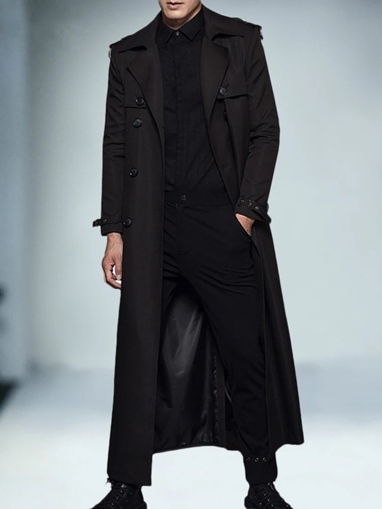 Men's black extra long double-breasted trench coat with lapels and epaulettes