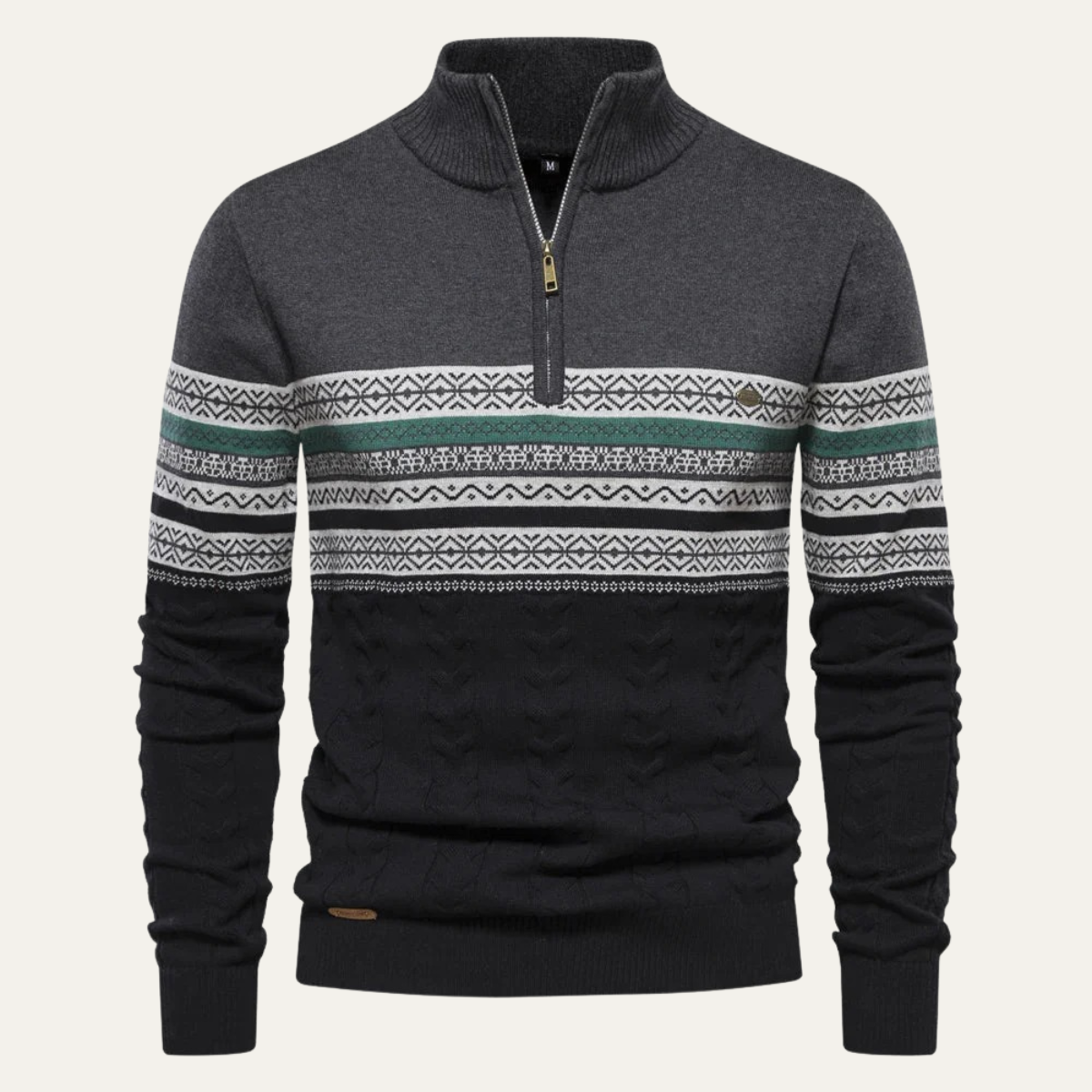 Men's quarter-zip jumper with high mock neck, geometric Fair Isle bands and textured knit detail