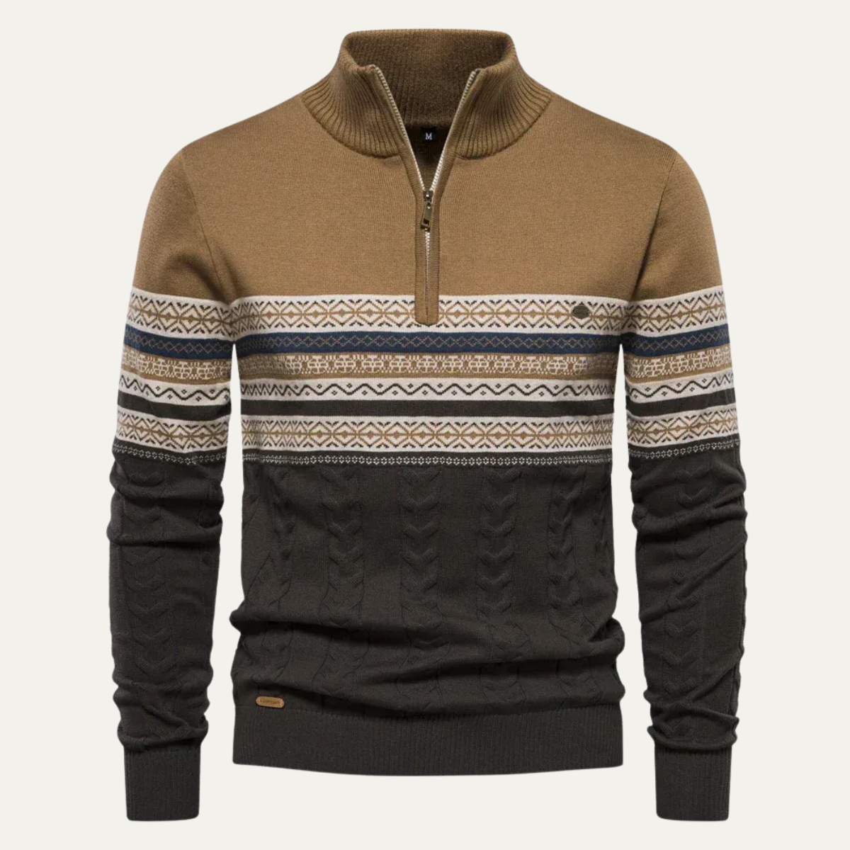 Men's quarter-zip jumper with high mock neck, geometric Fair Isle bands and textured knit detail