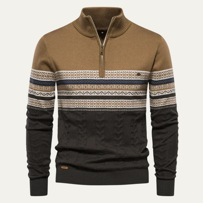 Men's quarter-zip jumper with high mock neck, geometric Fair Isle bands and textured knit detail