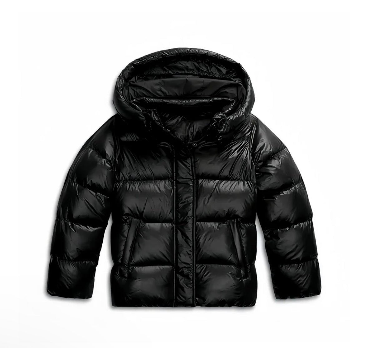 Hooded quilted puffer jacket with glossy finish and long sleeves