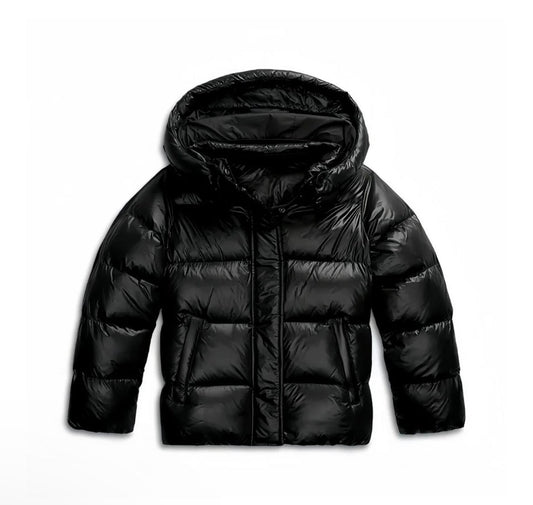 Hooded quilted puffer jacket with glossy finish and long sleeves