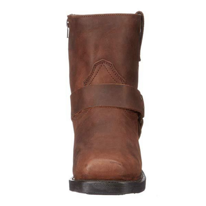 Men's cowboy boots with harness straps, metal studs and low block heels