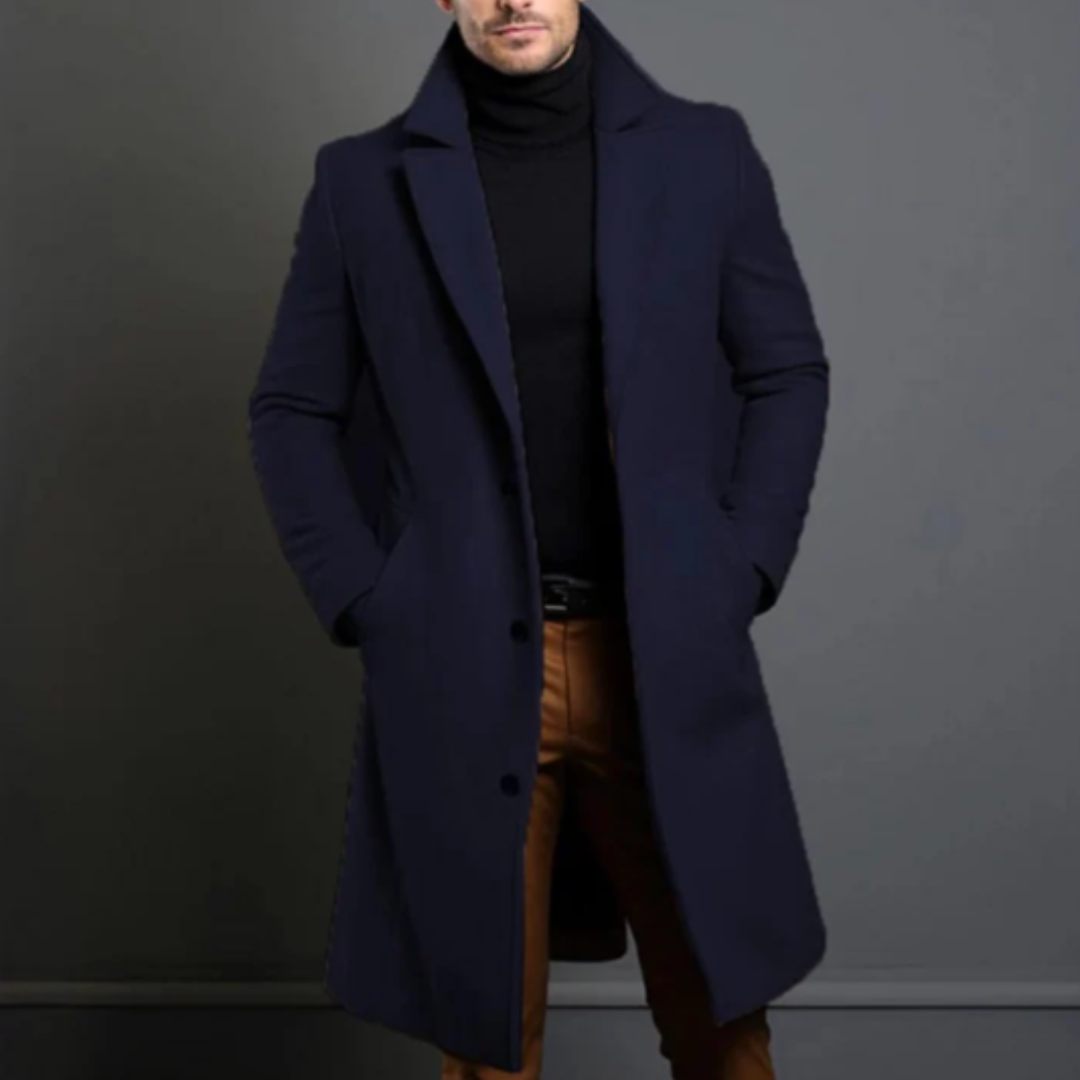 Men's longline overcoat with notched lapels, button front and side pockets