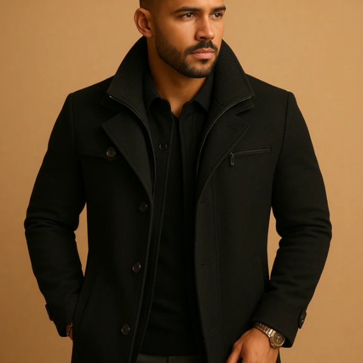 Men's structured winter coat with high collar, button and zip front, pockets and adjustable cuffs